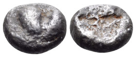 KYRENAIKA. Kyrene. Circa 525-500 BC. Hemiobol (Silver, 7 mm, 0.48 g, 10 h). Silphium fruit. Rev. Rough incuse square. Cf. BMC 9 (divided incuse). Cf. ...