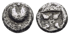 KYRENAIKA. Kyrene. Circa 525-480 BC. Hemiobol (Silver, 6 mm, 0.37 g). Silphium fruit with point downwards. Rev. Stellate pattern with four rays within...