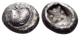 KYRENAIKA. Kyrene. Circa 510-490 BC. Hemiobol (Silver, 6.5 mm, 0.41 g, 12 h), Attic standard. Silphium fruit. Rev. Incuse square divided diagonally wi...