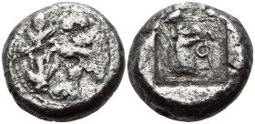KYRENAIKA. Kyrene. Circa 500-480 BC. Tetradrachm (Silver, 23 mm, 16.47 g, 3 h). Silphium plant; to right, inverted silphium fruit above ram (?) leapin...