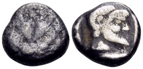 KYRENAIKA. Kyrene. Circa 500-480 BC. Hemidrachm (Silver, 11 mm, 1.96 g, 3 h). Silphium fruit. Rev. Bearded head of Zeus Ammon to right, with ram's hor...