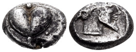 KYRENAICA. Kyrene. Circa 500-480 BC. Hemidrachm (Silver, 11 mm, 1.94 g, 12 h). Silphium fruit. Rev. Head of Zeus Ammon to right, with Ram's horn. BMC ...