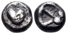 KYRENAIKA. Kyrene. Circa 500-480 BC. Hemidrachm (Silver, 9.5 mm, 2.01 g, 12 h). Silphium fruit. Rev. Facing boukranion within incuse square. BMC, xxvi...