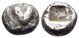 KYRENAIKA. Kyrene. Circa 500-480 BC. Obol (Silver, 7 mm, 0.74 g, 12 h). Silphium fruit. Rev. Quadripartite incuse square. Cf. BMC 9 (hemiobol). Cf. Ro...