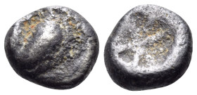 KYRENAIKA. Kyrene. Circa 500-480 BC. Obol (Silver, 7 mm, 0.60 g, 12 h). Silphium fruit. Rev. Stellate pattern within incuse square. BMC 33. SNG Copenh...