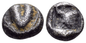 KYRENAIKA. Kyrene. Circa 500-480 BC. Obol (Silver, 7 mm, 0.79 g, 9 h), Attic standard. Silphium fruit. Rev. Head of Zeus Ammon with ram's horn to righ...