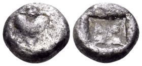 KYRENAIKA. Kyrene. Circa 500-480 BC. Obol (Silver, 8 mm, 0.82 g, 12 h), Attic standard. Silphium fruit; above and below, pellet. Rev. Four pointed sta...