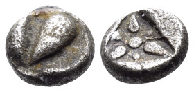 KYRENAIKA. Kyrene. Circa 500-480 BC. Hemiobol (Silver, 5 mm, 0.34 g, 11 h). Silphium fruit. Rev. Three lotus buds with a central pellet and a pellet b...