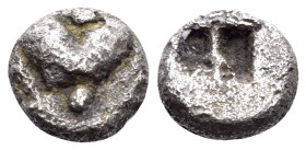 KYRENAIKA. Kyrene. Circa 500-480 BC. Hemiobol (Silver, 6 mm, 0.40 g, 1 h). Silphium fruit. Rev. Quadripartite incuse square. BMC 9. SNG Copenhagen -. ...