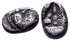 KYRENAIKA. Kyrene. Circa 500-480 BC. Hemiobol (Silver, 6.5 mm, 0.43 g, 12 h). Silphium fruit. Rev. Three lotus buds with a central pellet and a pellet...