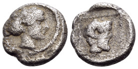 KYRENAIKA. Kyrene. Circa 480-435 BC. Trihemiobol (Silver, 9 mm, 0.75 g, 6 h). Head of the nymph Kyrene to right. Rev. Bearded head of Zues Ammon to ri...