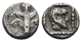 KYRENAIKA. Kyrene. Circa 480-435 BC. Hemiobol (Silver, 6 mm, 0.31 g, 9 h). Silphium plant with four leaves (two on each side) and flower at top. Rev. ...
