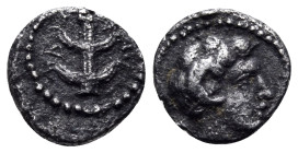 KYRENAIKA. Kyrene. Circa 435-400 BC. Hemiobol (Silver, 7 mm, 0.31 g, 3 h). Bare head of Apollo Karneios to right, with ram's horn above his ear. Rev. ...