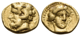 KYRENAIKA. Kyrene. Ophellas, Ptolemaic governor, first reign, circa 322-313 BC. Obol or 1/10 Stater (Gold, 7.5 mm, 0.85 g, 11 h), struck under the mag...