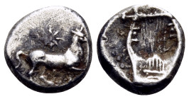 KYRENAIKA. Kyrene. Magas, Ptolemaic governor, circa 304-276 BC. Hemiobol (Silver, 7 mm, 0.44 g, 6 h). Horse advancing to right; star above. Rev. Lyre ...