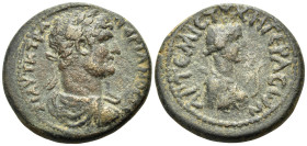 SYRIA, Decapolis. Gerasa. Hadrian, 117-138. (Bronze, 25 mm, 11.69 g, 12 h), Dated regnal year ΔΙ (14) = 129-130. ΔΙ ΑΥΤ Κ ΤΡΑ ΑΔΡΙΑΝΟC CΕ Laureate, dr...
