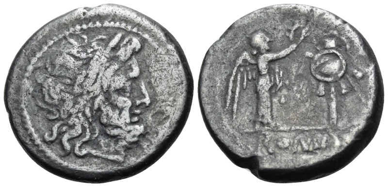 Anonymous, 211-208 BC. Victoriatus (Silver, 17 mm, 2.66 g, 5 h), Rome. Laureate ...