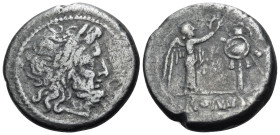Anonymous, 211-208 BC. Victoriatus (Silver, 17 mm, 2.66 g, 5 h), Rome. Laureate head of Jupiter to right. Rev. ROMA Victory standing to right, crownin...