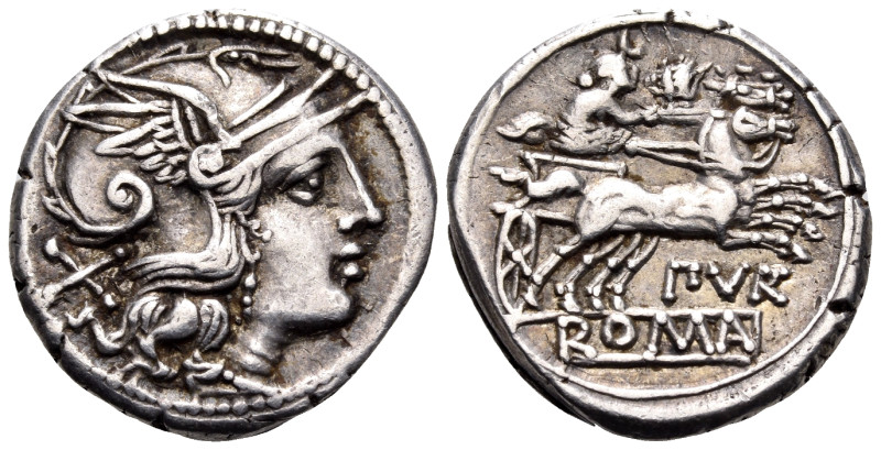 Furius Purpurio, 169-158 BC. Denarius (Silver, 18 mm, 3.63 g, 12 h), Rome. Helme...