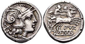 Furius Purpurio, 169-158 BC. Denarius (Silver, 18 mm, 3.63 g, 12 h), Rome. Helmeted head of Roma to right; behind, X (mark of value). Rev. PVR Luna dr...