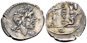 T. Cloelius, 98 BC. Quinarius (Silver, 17 mm, 1.73 g, 10 h), Rome. Laureate head of Jupiter to right; before, ·M. Rev. T·CLO(VL)I Victory standing to ...