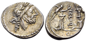 T. Cloelius, 98 BC. Quinarius (Silver, 16 mm, 1.94 g, 8 h), Rome. Laureate head of Jupiter to right; below, ·T. Rev. T·CLO(VL)I Victory standing to ri...
