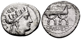 P. Furius Crassipes, 84 BC. Denarius (Silver, 20 mm, 3.86 g, 8 h), Rome. AED·CVR Turreted head of Cybele to right. Rev. CRASSIPES Curule chair inscrib...
