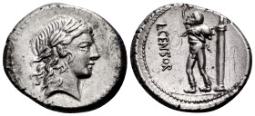 L. Marcius Censorinus, 82 BC. Denarius (Silver, 19 mm, 3.91 g, 5 h), Rome. Laureate head of Apollo to right. Rev. L·CENSOR Marsyas standing left, exte...