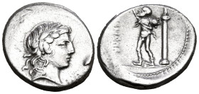 L. Marcius Censorinus, 82 BC. Denarius (Silver, 19 mm, 3.68 g, 5 h), Rome. Laureate head of Apollo to right. Rev. L · CENSOR Marsyas advancing to left...
