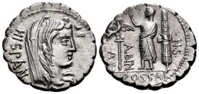 A. Postumius A.f. Sp.n. Albinus, 81 BC. Denarius Serratus (Silver, 19 mm, 3.61 g, 3 h), Rome. HISPAN Veiled head of Hispania to right. Rev. A· / POST·...