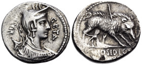 C. Hosidius C.f. Geta, 64 BC. Denarius (Silver, 18 mm, 3.77 g, 6 h), Rome. GETA - [III •] VIR Draped bust of Diana to right, with bow and quiver over ...