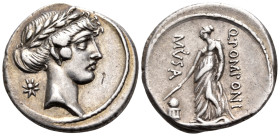 Q. Pomponius Musa, 56 BC. Denarius (Silver, 18 mm, 4.05 g, 6 h), Rome. Laureate head of Apollo to right; behind, star. Rev. Q·POMPONI / MVSA Urania, t...