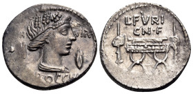 L. Furius Cn.f. Brocchus, 63 BC. Denarius (Silver, 19 mm, 3.51 g, 9 h), Rome. [I]II - VIR / [B]ROCCHI Head of Ceres to left, wearing wreath of grain e...