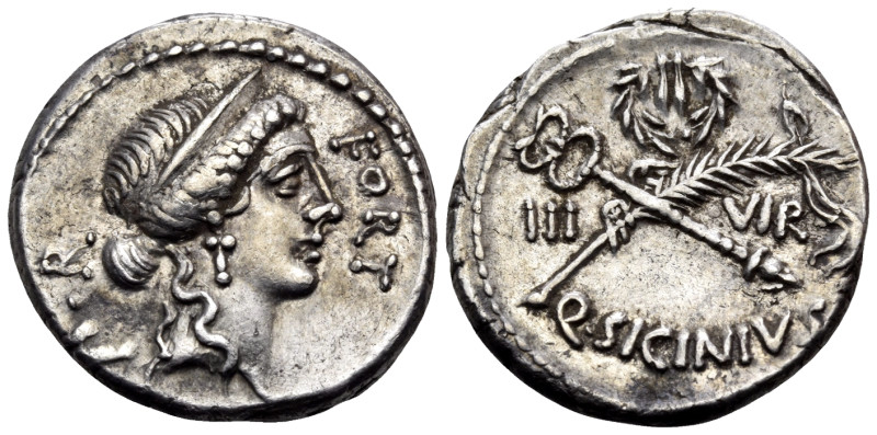 Q. Sicinius, 49 BC. Denarius (Silver, 18 mm, 3.87 g, 6 h), Rome. FORT P·R Diadem...
