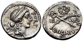 Q. Sicinius, 49 BC. Denarius (Silver, 18 mm, 3.87 g, 6 h), Rome. FORT P·R Diademed head of Fortuna to right. Rev. III - VIR / Q.SICINIVS Filleted palm...