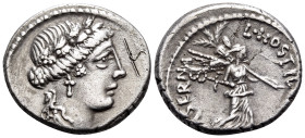 L. Hostilius Saserna, 48 BC. Denarius (Silver, 18.5 mm, 4.10 g, 12 h), Rome. Female head (Venus or Pietas) to right, wearing oak wreath, diadem, penda...