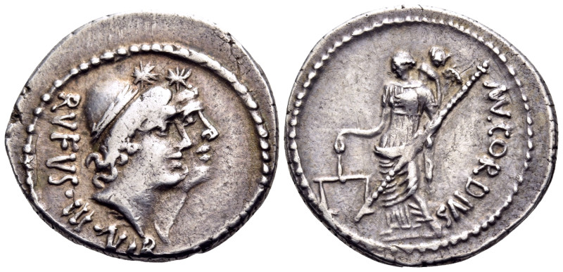 Mn. Cordius Rufus, 46 BC. Denarius (Silver, 19 mm, 3.89 g, 5 h), Rome. RVFVS·III...