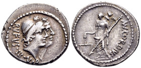 Mn. Cordius Rufus, 46 BC. Denarius (Silver, 19 mm, 3.89 g, 5 h), Rome. RVFVS·IIIVIR Jugate heads of the Dioscuri to right, both wearing laureate pilei...