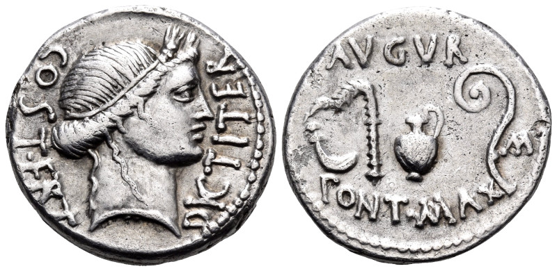 Julius Caesar, 46 BC. Denarius (Silver, 18 mm, 3.62 g, 12 h), uncertain mint, po...