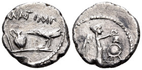 The Triumvirs. Mark Antony, late summer-autumn 43 BC. Quinarius (Silver, 14 mm, 1.61 g, 9 h), Military mint traveling with Antony and Lepidus in Trans...