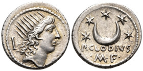 P. Clodius M.f. Turrinus, 42 BC. Denarius (Silver, 18.5 mm, 3.83 g, 9 h), Rome. Radiate head of Sol to right; behind, I. Rev. P·CLODIVS / ·M·F· Five s...