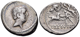 L. Livineius Regulus, 42 BC. Denarius (Silver, 19 mm, 3.60 g, 11 h), Rome. Bare head of L. Liveneius Regulus to right. Rev. L·REGVLVS Gladiatorial sce...