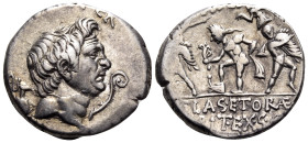 Sextus Pompey, 37-36 BC. Denarius (Silver, 17.5 mm, 3.86 g, 12 h), military mint in Sicily. [MAG·PIVS·IMP·I]TER Bare head of Pompeius Magnus to right;...