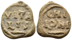 LATE ROMAN - BYZANTINE. 4th - 6th Century. Seal (Lead, 15 mm, 2.36 g, 12 h). VITA/LIS; below, horizontal palm branch. Rev. CHI/LONI; below, horizontal...