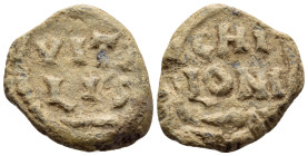 LATE ROMAN - BYZANTINE. 4th - 6th Century. Seal (Lead, 15 mm, 3.09 g, 12 h). VITA/LIS; below, horizontal palm branch. Rev. CHI/LONI; below, horizontal...