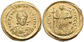 Justinian I, 527-565. Solidus (Gold, 22 mm, 4.44 g, 6 h), Constantinople, Z = 7th officina, 527-537. D N IVSTINI-ANVS P P AVG Helmeted and cuirassed b...