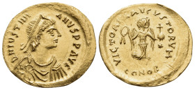 Justinian I, 527-565. Tremissis (Gold, 15.5 mm, 1.33 g, 6 h), Constantinople. D N IVSTINI-ANVS P P AVG Diademed, draped and cuirassed bust of Justinia...