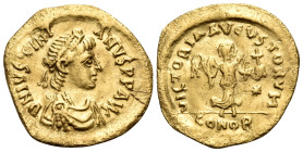 Justinian I, 527-565. Tremissis (Gold, 15 mm, 1.25 g, 7 h), Constantinople. D N IVSTINI-ANVS P P AVG Diademed, draped and cuirassed bust of Justinian ...