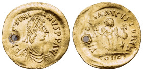 Justinian I, 527-565. Tremissis (Gold, 16 mm, 1.48 g, 6 h), Constantinople. D N IVSTINI-ANVS P P AVC Diademed, draped and cuirassed bust of Justinian ...