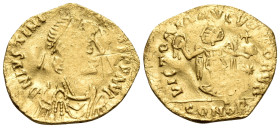 Justinian I, 527-565. Tremissis (Gold, 15 mm, 1.16 g, 6 h), Constantinople. D N IVSTINI-ANVS P P AVG Diademed, draped and cuirassed bust of Justinian ...